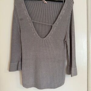 Free People Ribbed V-Neck 3/4 Sleeves women XL Gray/Silver NWT